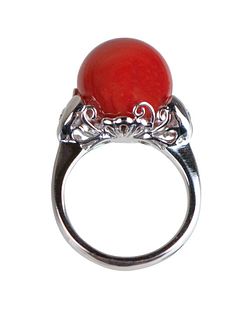 Natural red coral and diamond 14K ring