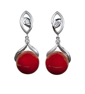 Pair of natural red coral and diamond 14K earring