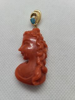 Natural red coral lady, opal & diamond 14K pendant