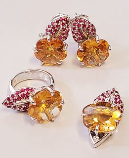 Set yellow quartz,&diamonds pendant, earring&ring