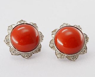 Natural coral flower and diamond 18K earring