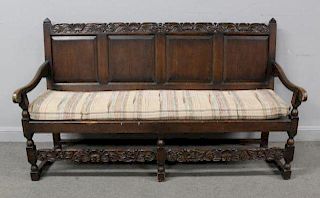 Antique English Carved Tudor Style Bench.