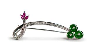 Jadeite diamond and ruby brooch with GIA report