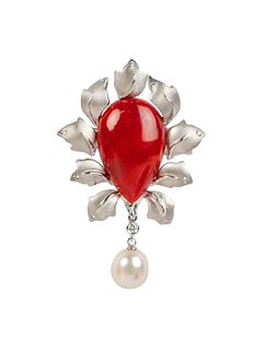 Natural red coral pearl and diamond 14K pendant/br