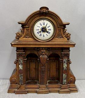 Antique Continental Carved Wood Clock With Marble