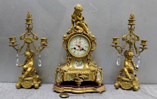 Fine Quality Dore Bronze Clock Garniture Set.