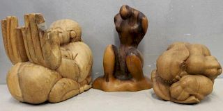 3 Finely Carved Wood Sculptures.
