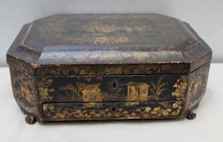 Antique Chinoiserie Decorated Lacquer Sewing Box