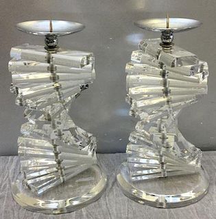 Modern Signed Haziza Stacked Lucite Candlesticks.