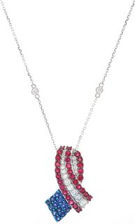 Flag Ribbon Ruby, Sapphire, & Diamond Necklace