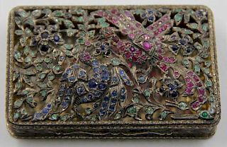SILVER. Continental Silver Jewelled Box with Birds