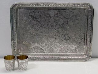 SILVER. 20th C Iranian Silver Tray with 2 Cups.