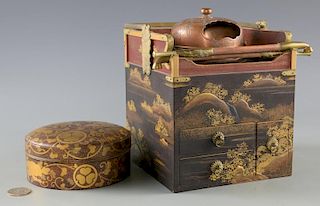Japanese Gold Lacquer Tobacco Box & Bronze Hand Mirror
