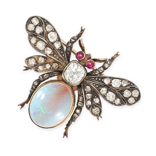 AN ANTIQUE OPAL, RUBY AND DIAMOND BEE BROOCH in yellow gold and silver, the body set with an oval...