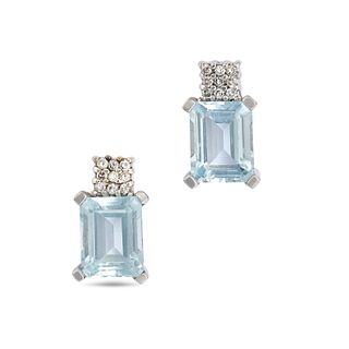 NO RESERVE - A PAIR OF AQUAMARINE AND DIAMOND EARRINGS in 14ct white gold, each set with an octag...