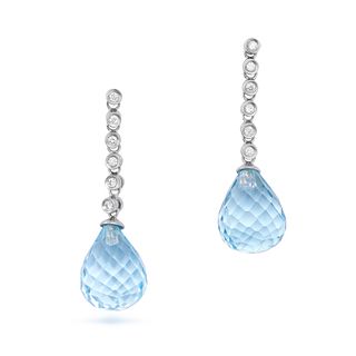 A PAIR OF BLUE TOPAZ AND DIAMOND DROP EARRINGS in 18ct white gold,Â each comprising a row of round...