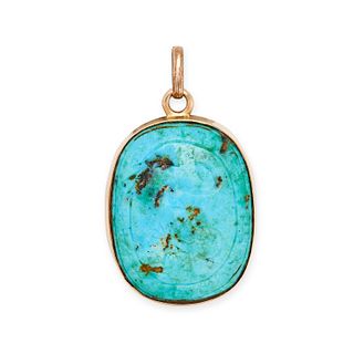 A RUSSIAN TURQUOISE PENDANT in 56 zolotnik gold, set with a carved Persian turquoise,Â stamped 56,...