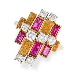 A VINTAGE DIAMOND AND SYNTHETIC RUBY DRESS RING in 18ct yellow gold, the modernist face set with ...