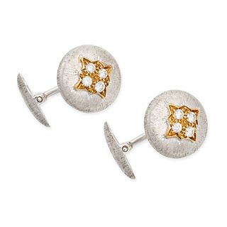 A PAIR OF DIAMOND CUFFLINKS in 18ct white gold, the round rigato engraved faces set a cluster of ...