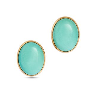 NO RESERVE - A PAIR OF VINTAGE RECONSTITUTED TURQUOISE CLIP EARRINGS in 18ct yellow gold, each se...