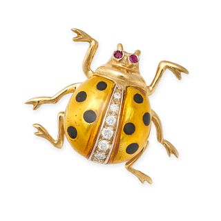 A DIAMOND, ENAMEL AND RUBY LADYBIRD BROOCH in 18ct yellow gold, comprising a graduated row of rou...