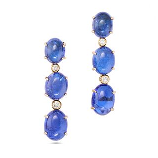 A PAIR OF TANZANITE AND DIAMOND DROP EARRINGS in 14ct yellow gold, each comprising a row of alter...