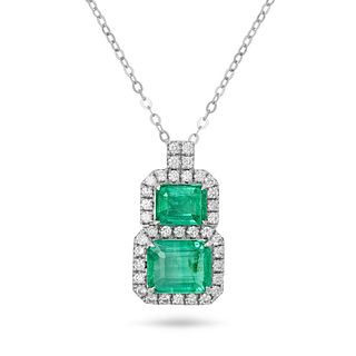 AN EMERALD AND DIAMOND PENDANT NECKLACE in 18ct white gold, the pendant set with two octagonal st...