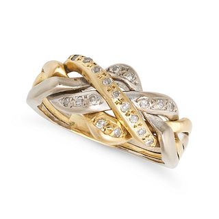 A DIAMOND DRESS RING in 18ct yellow and white gold, the braided bicolour band set with single cut...