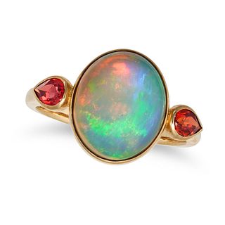 AN OPAL AND ORANGE SAPPHIRE RING in 18ct yellow gold, set with an oval cabochon cut opal accented...