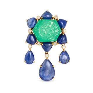 AN EMERALD, SAPPHIRE AND DIAMOND BROOCH / PENDANT in 14ct yellow gold, set with a Mughal carved e...