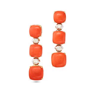 A PAIR OF CORAL AND DIAMOND DROP EARRINGS in 14ct yellow gold, each comprising a row of alternati...
