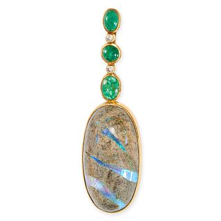 ANDREW GRIMA, A VINTAGE BOULDER OPAL, EMERALD AND DIAMOND PENDANT, 1984 in 18ct yellow gold, comp...