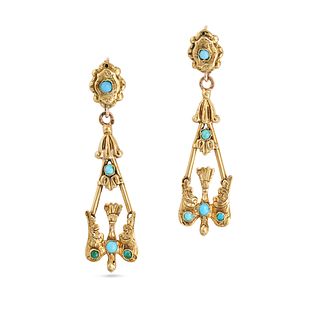A PAIR OF ANTIQUE TURQUOISE ST ESPRIT DROP EARRINGS in yellow gold, the tapering foliate bodies t...