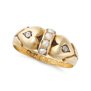 AN ANTIQUE VICTORIAN PEARL AND DIAMOND RING in 15ct yellow gold, comprising two heart motifs set ...