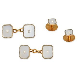 A MOTHER OF PEARL AND PEARL DRESS SET in 18ct yellow gold, comprising a pair of cufflinks and a p...