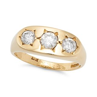 A DIAMOND GYPSY RING in 18ct yellow gold, set with three round brilliant cut diamonds all approxi...