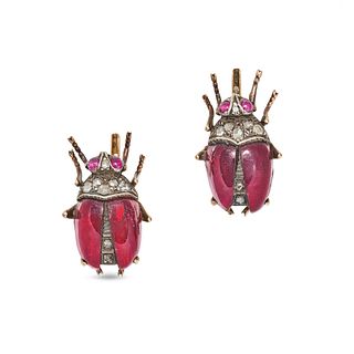 A PAIR OF ANTIQUE GARNET, DIAMOND AND RUBY INSECT EARRINGS in yellow gold and silver, set with ca...