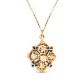 AN ANTIQUE DIAMOND AND ENAMEL PENDANT NECKLACE in yellow gold, the openwork pendant set with old ...