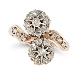 AN ANTIQUE DIAMOND CLUSTER TOI ET MOI RING in 18ct yellow gold, set with two clusters of old cut ...