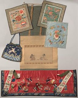 Japanese Scroll & 5 Chinese Silk Embroidered Textiles