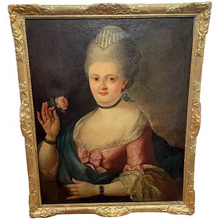  PORTRAIT OF COURT LADY IN PINK SILK DRESS HOLDING A ROSE OIL PAINTING