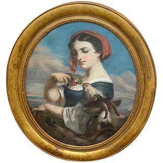 "WOMAN FEEDING FLOWERS TO A GOAT" PAINTING