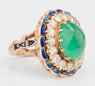 Emerald, Diamond and Enamel Ring