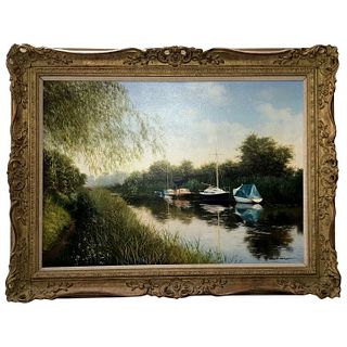 PASTORAL BOATS OIL PAINTING
