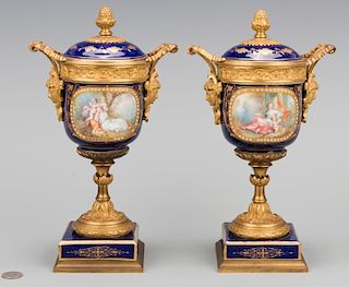 Pr. Sevres Gilt Mounted Porcelain Urns
