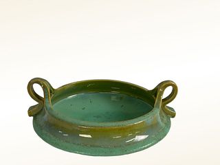 Fulper Pottery High Handled Bowl with Aqua Crystalline Glaze