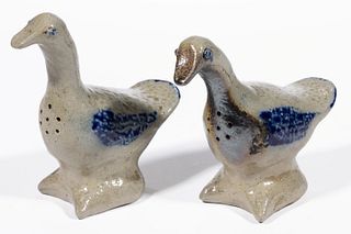JUGTOWN, NORTH CAROLINA ATTRIBUTED STONEWARE FIGURAL GOOSE SHAKERS, LOT OF TWO