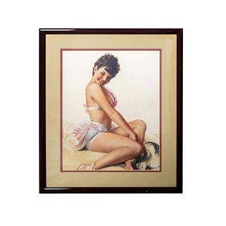 Framed Print, Pin Up Girl in Eyelit Red and White Outfit