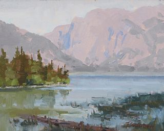 Tiffany Stevenson (20th century), "'Phelps Lake' - new Rockefeller Trail," 2008, Oil on Masonite, 8" H x 10" W