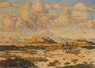 Hernando Villa (1881-1952), Riders in the desert, Watercolor on paper, Sight: 18.25" H x 25" W